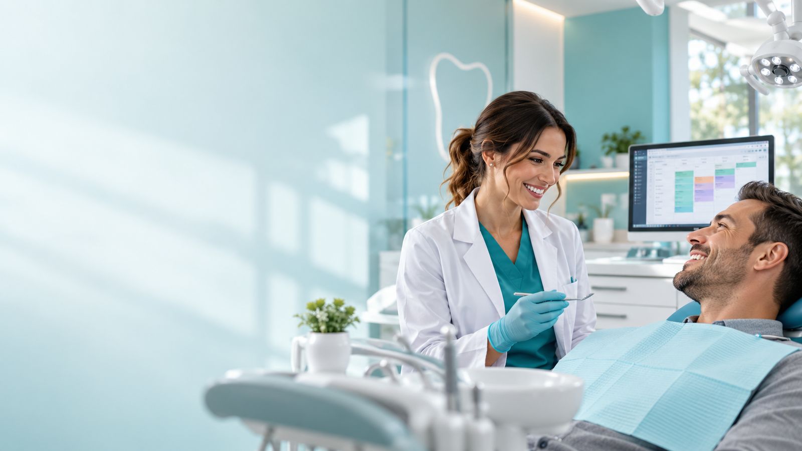 Dentista sonriendo con su paciente en el sillón dental